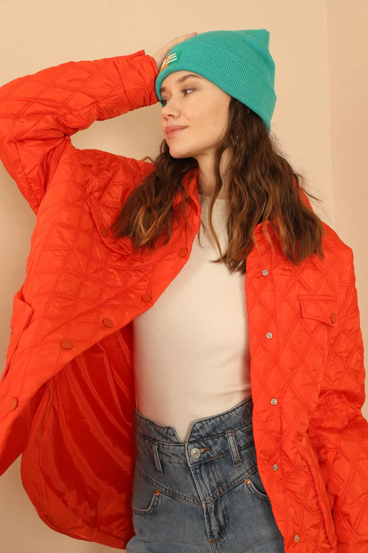 KKT Quilted Fabric Double Stitch Pattern Women Coats-Orange - Taunton