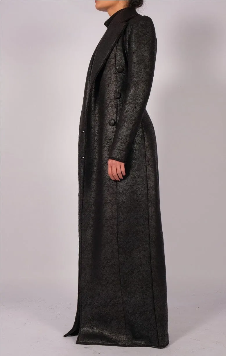 Long Leather Effect Double Breasted Coat