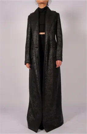 Long Leather Effect Double Breasted Coat