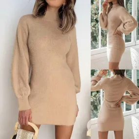 Mid high Neck Long Sleeve Sweater Bodycon Dress