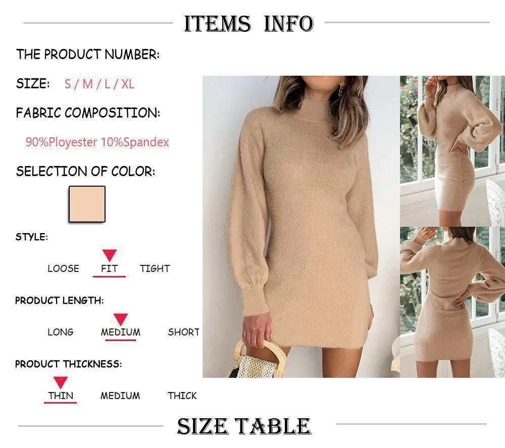 Mid high Neck Long Sleeve Sweater Bodycon Dress