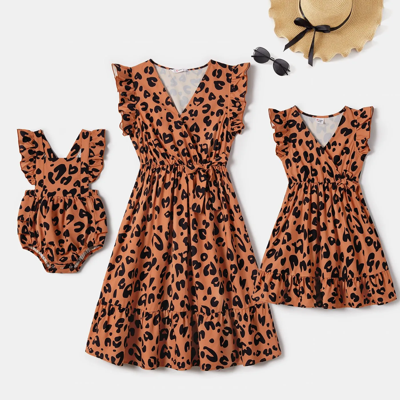 Mommy and Me Allover Leopard Print Bow Side Decor Flutter-sleeve Wrap Dresses