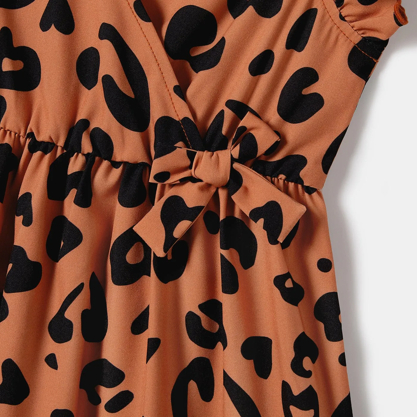 Mommy and Me Allover Leopard Print Bow Side Decor Flutter-sleeve Wrap Dresses