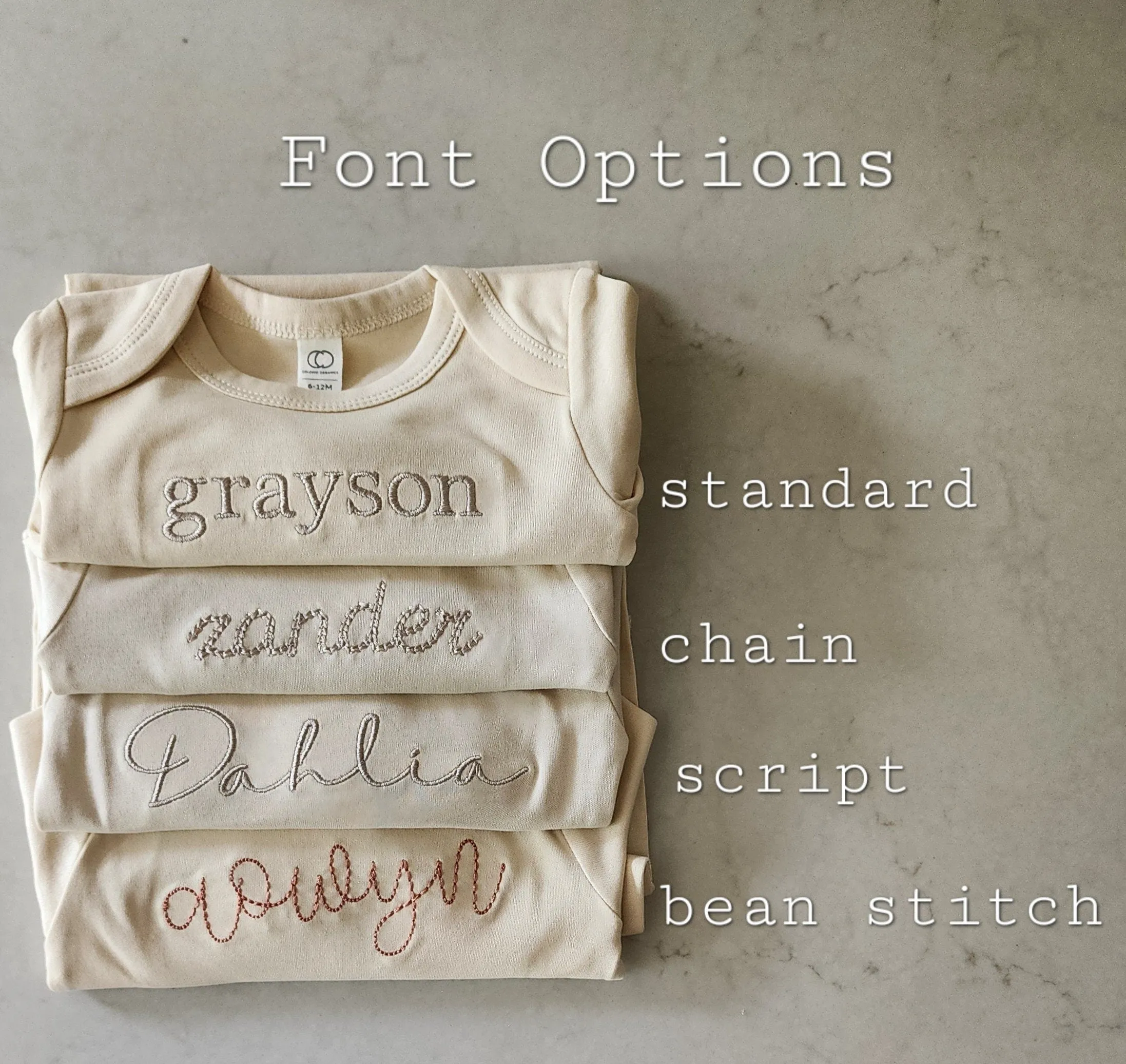 Organic Cotton Neutral Embroidered Bodysuit- Short Sleeves- Colored Organics- Unisex- Custom- Infant