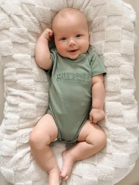 Organic Cotton Neutral Embroidered Bodysuit- Short Sleeves- Colored Organics- Unisex- Custom- Infant