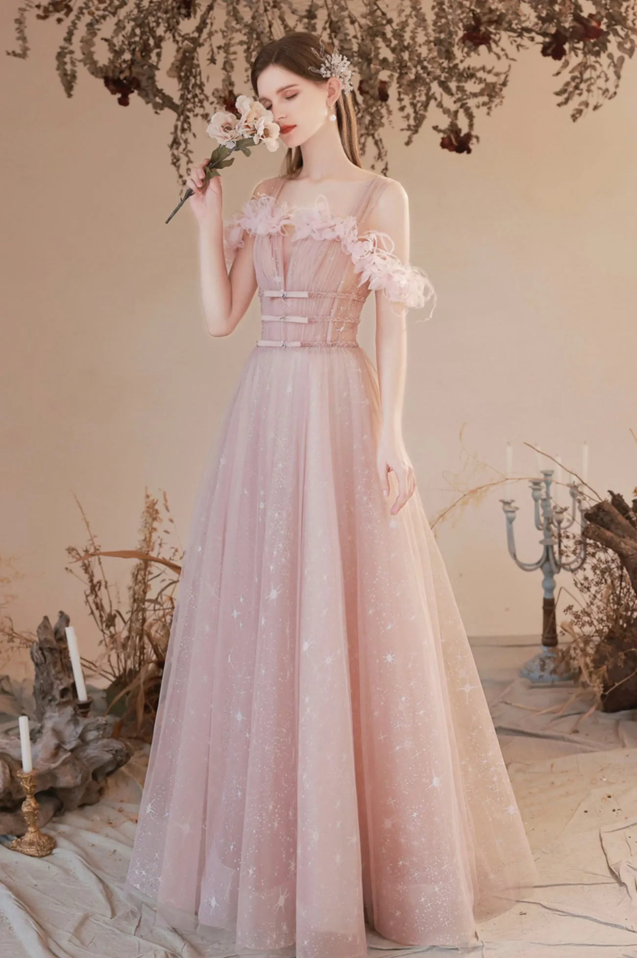 Pink Off the Shoulder Tulle Prom Dress, Pink Long Formal Dress