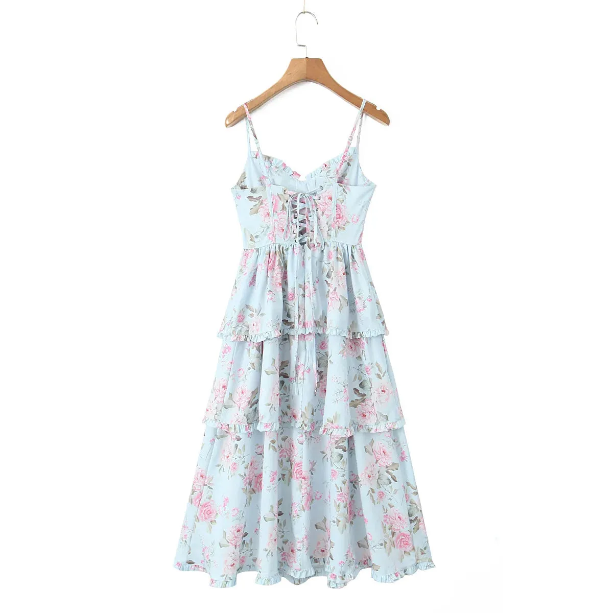 Print Cross Lacing up Back Slit Midi Dress
