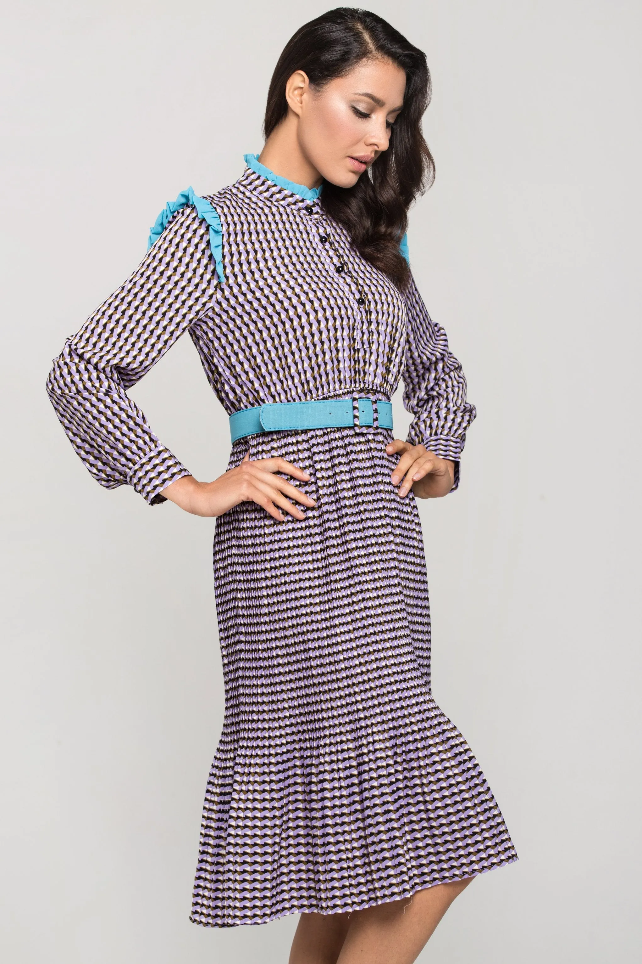 Purple Print Vintage Pleated Midi Dress