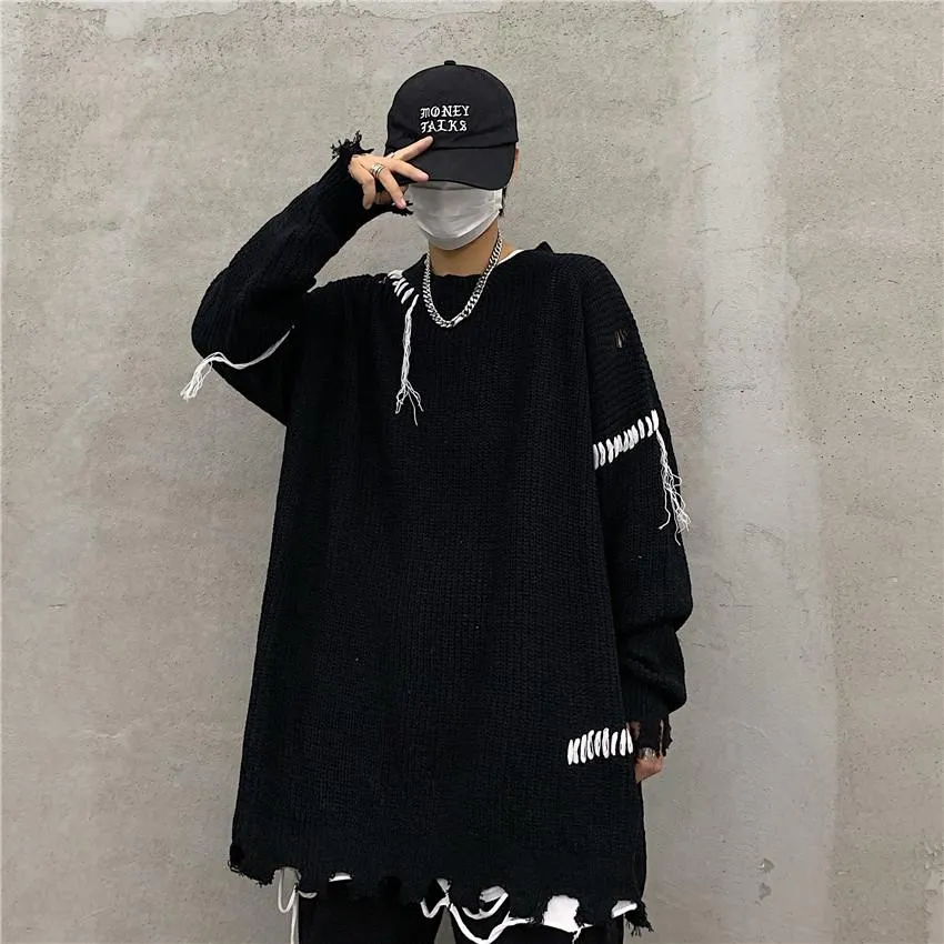 Ripped Grunge Aesthetic Black And White Knit Sweater