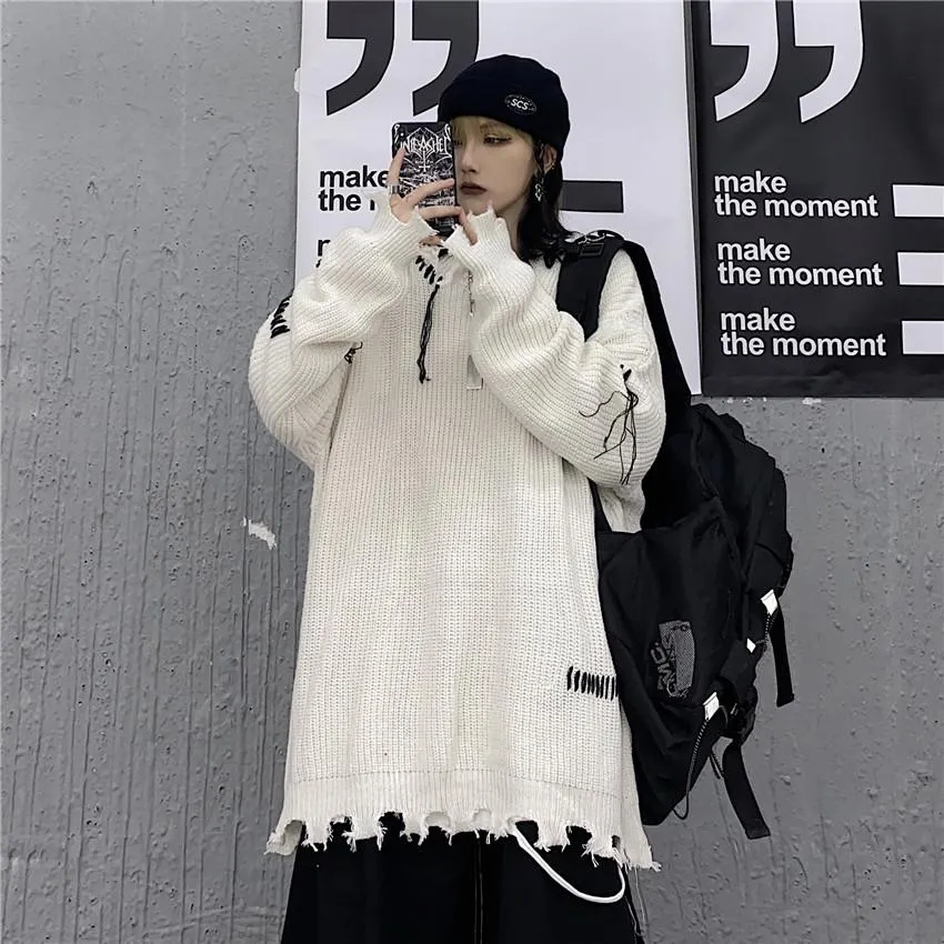 Ripped Grunge Aesthetic Black And White Knit Sweater