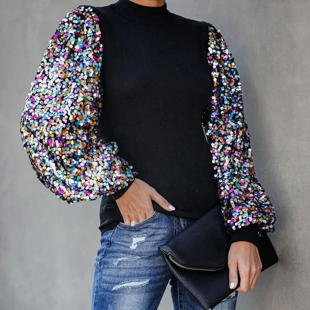 Sequins Puff Sleeve Turtleneck Casual Shirt