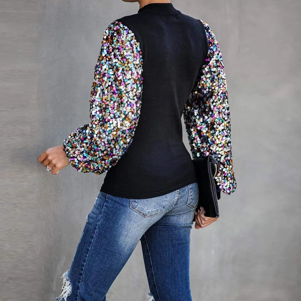 Sequins Puff Sleeve Turtleneck Casual Shirt