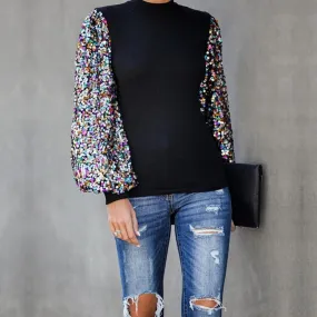 Sequins Puff Sleeve Turtleneck Casual Shirt