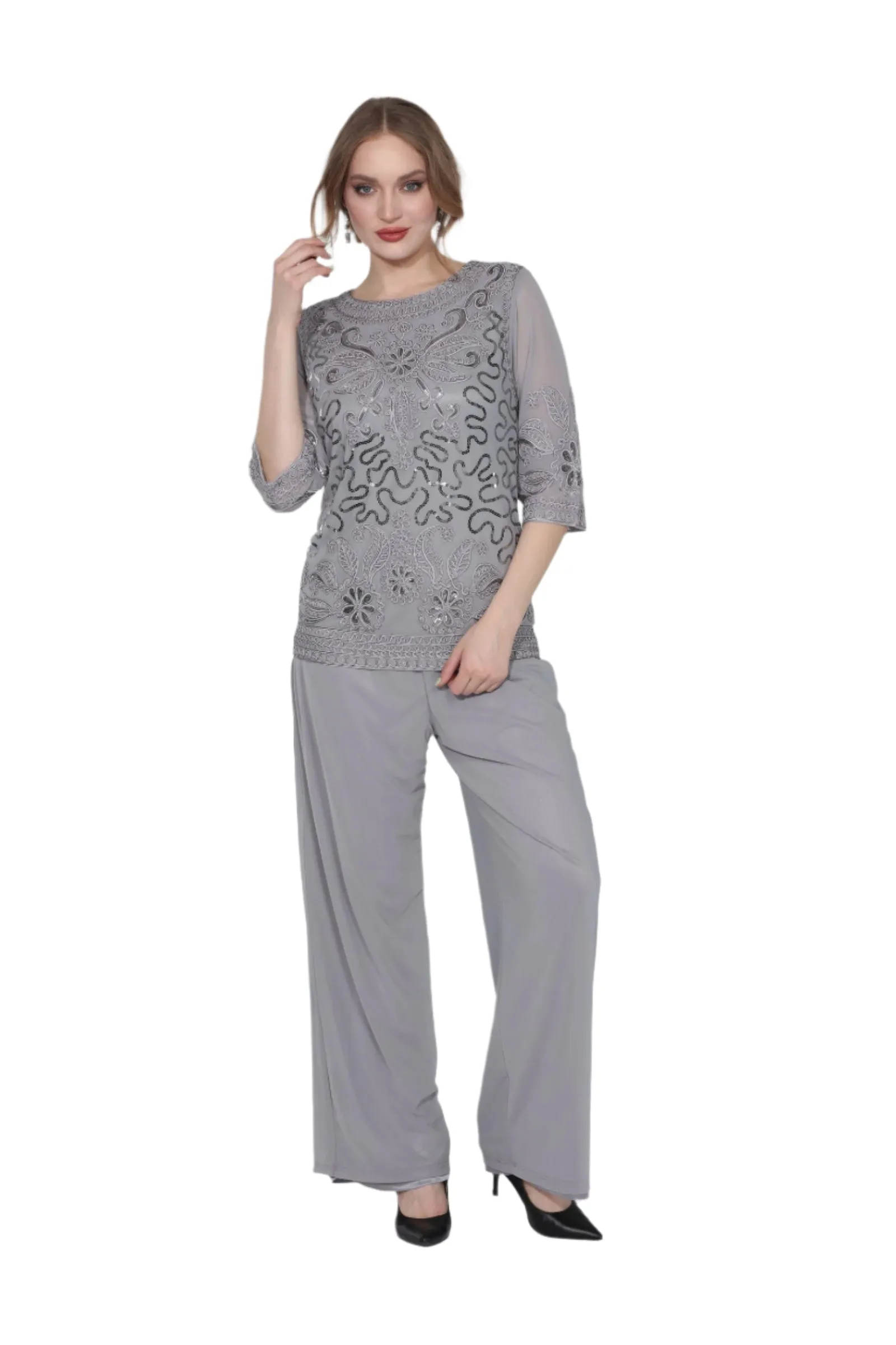Soulmates 2203 Embroidered Lace Beaded Top with Pants Set