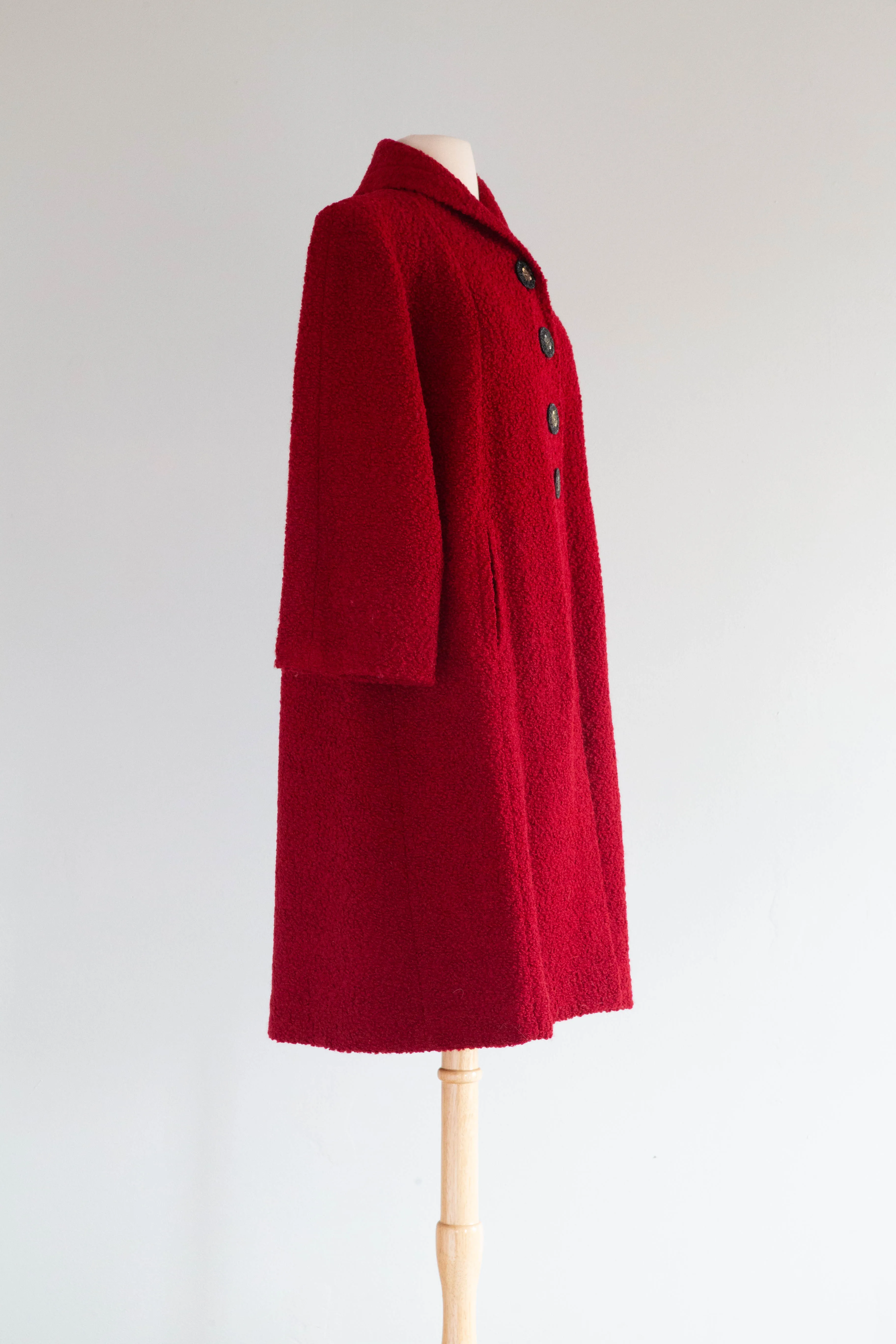 Stunning 1950's Crimson Wool Boucle Swing Coat By Dumas / Medium