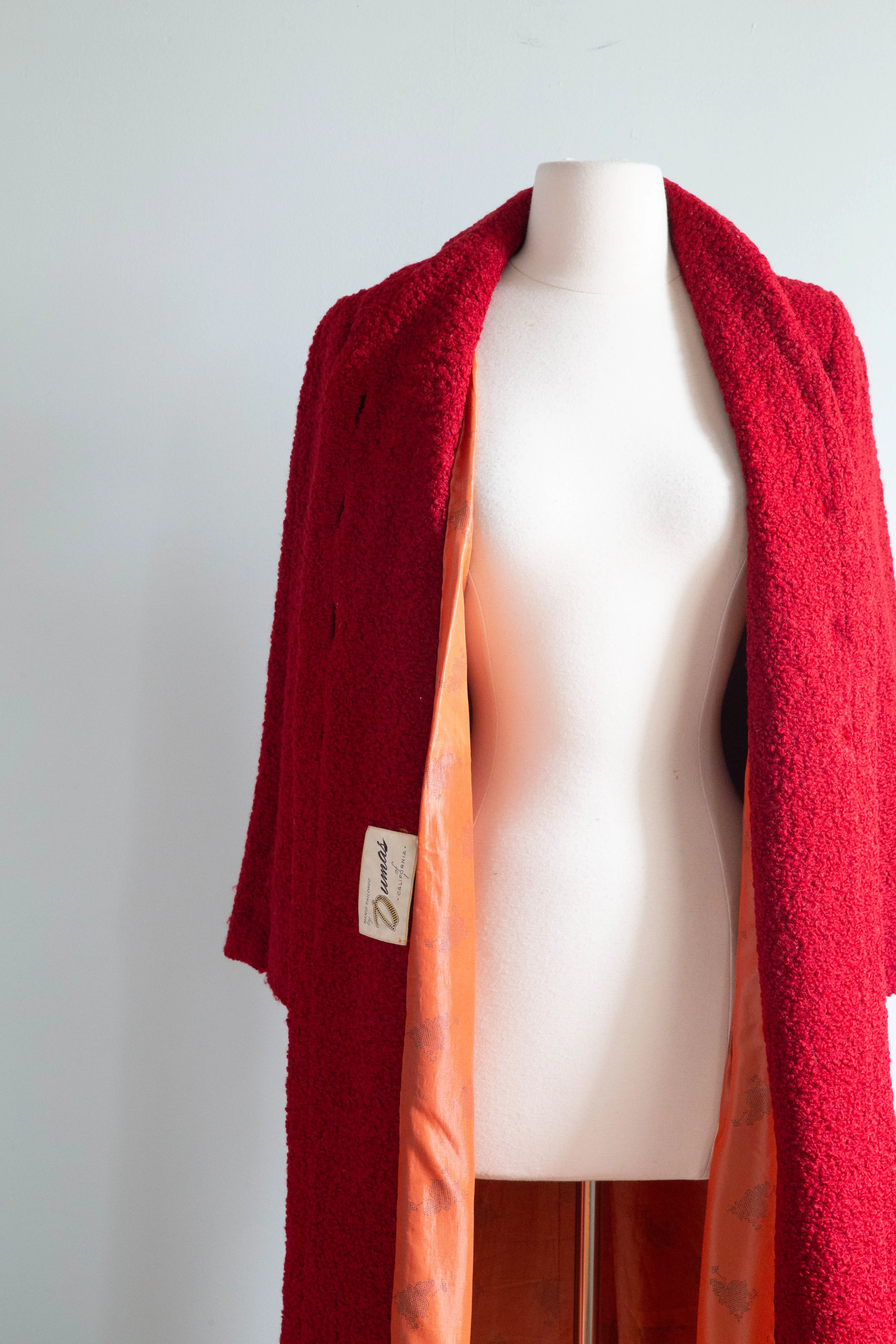 Stunning 1950's Crimson Wool Boucle Swing Coat By Dumas / Medium