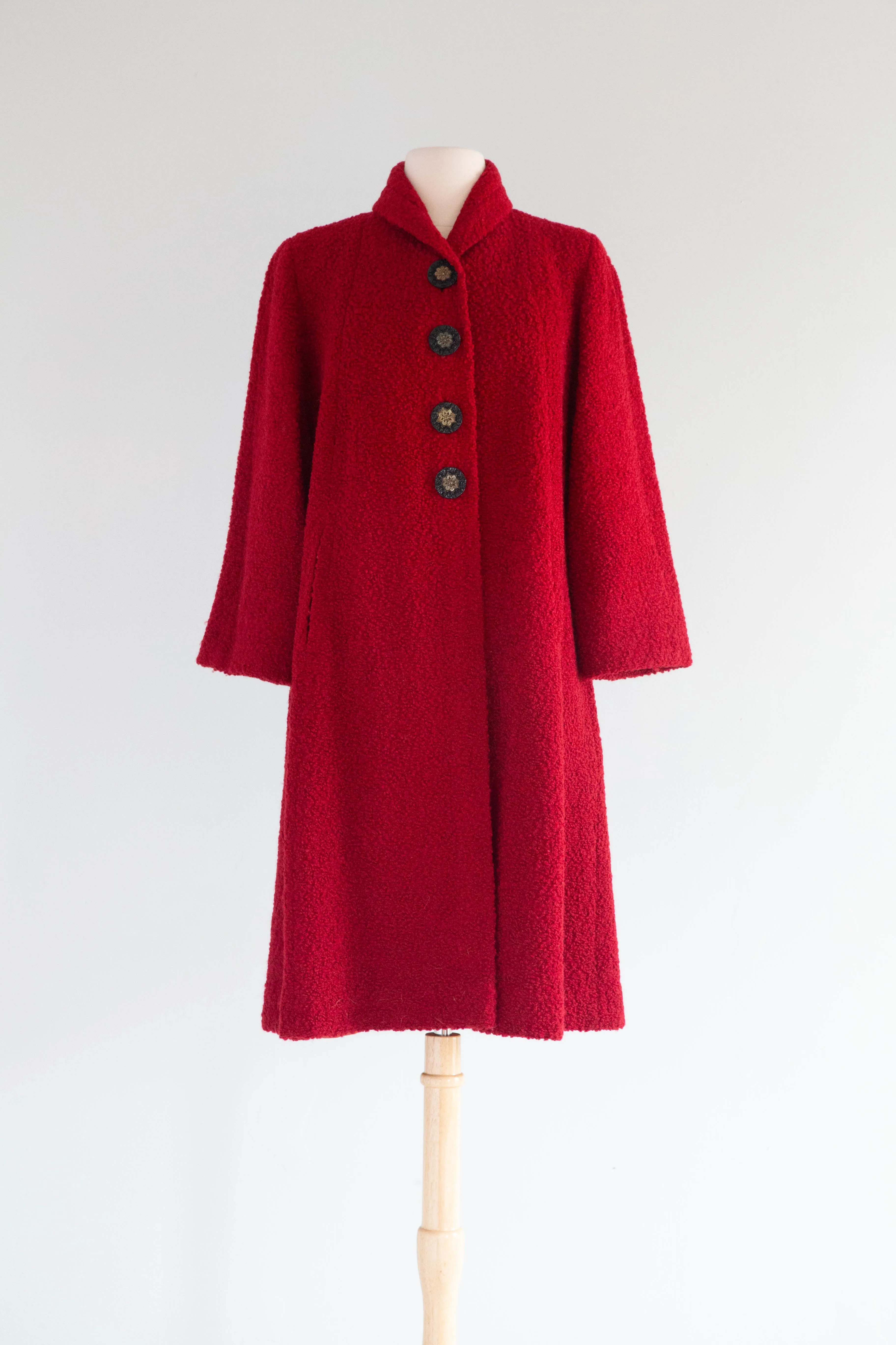 Stunning 1950's Crimson Wool Boucle Swing Coat By Dumas / Medium