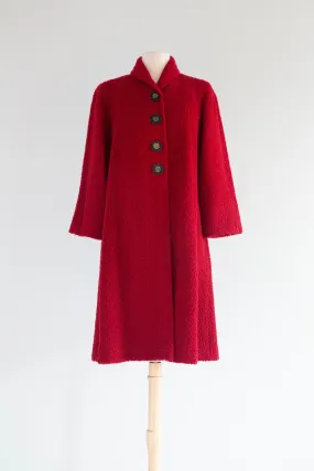 Stunning 1950's Crimson Wool Boucle Swing Coat By Dumas / Medium