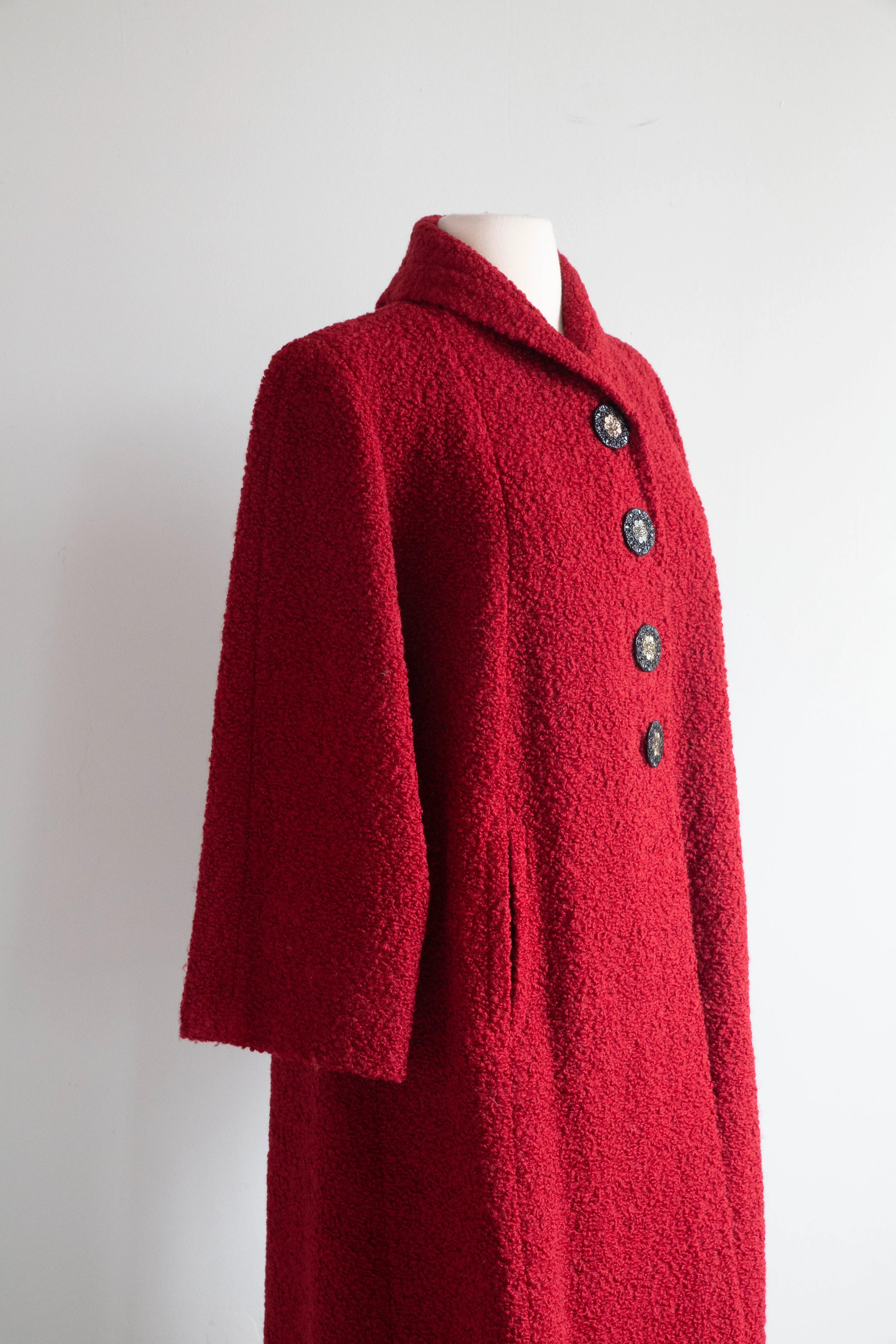 Stunning 1950's Crimson Wool Boucle Swing Coat By Dumas / Medium