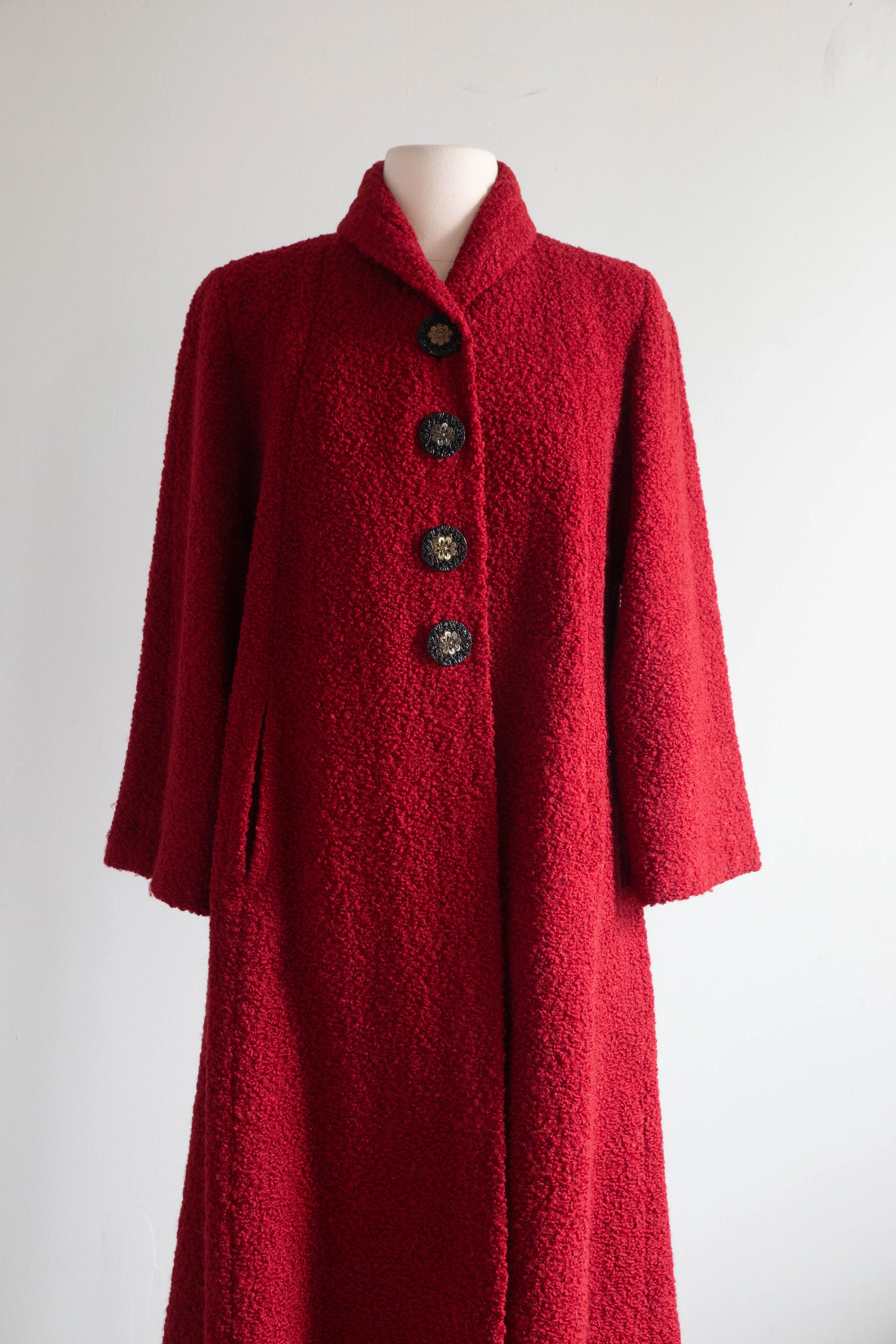 Stunning 1950's Crimson Wool Boucle Swing Coat By Dumas / Medium