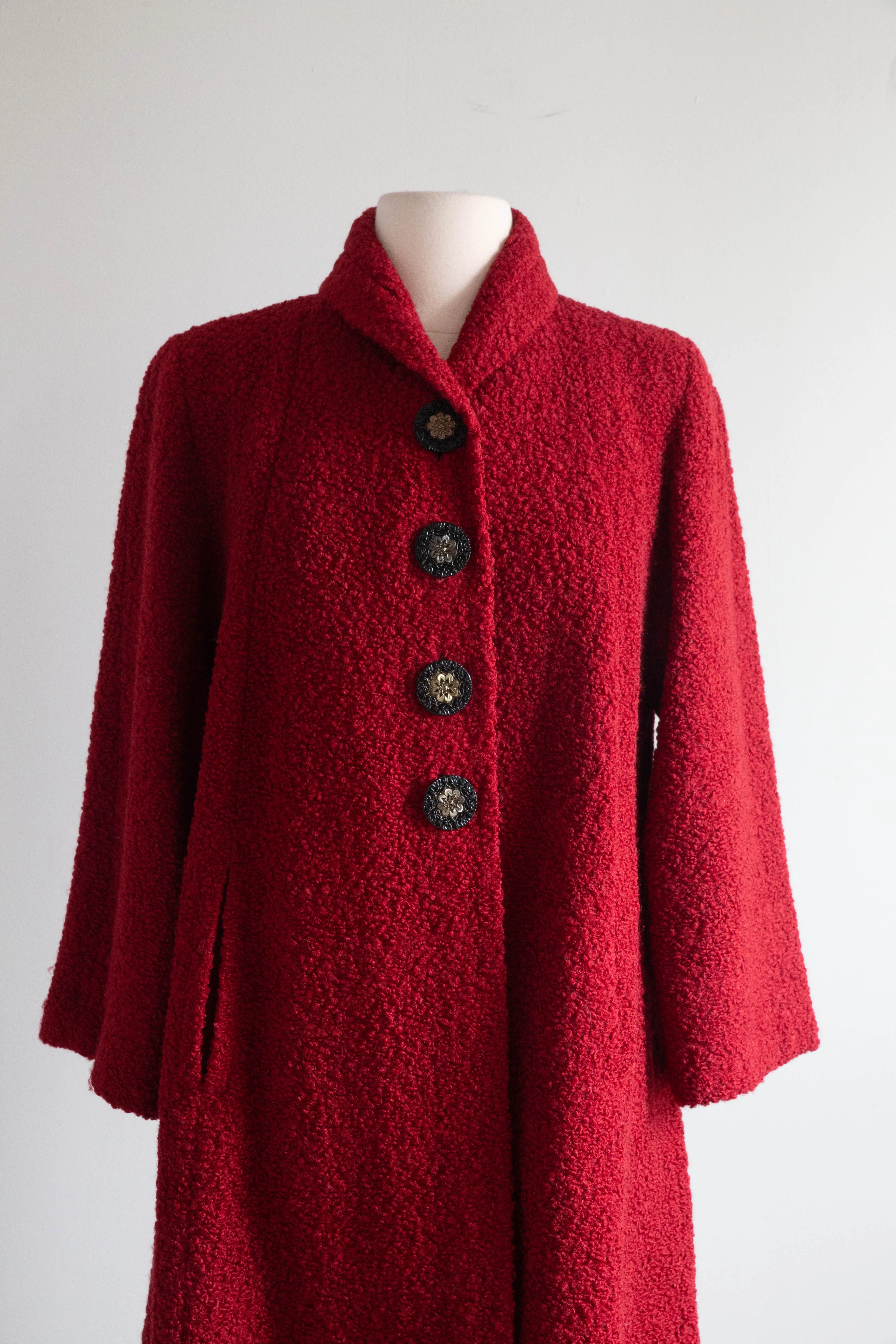 Stunning 1950's Crimson Wool Boucle Swing Coat By Dumas / Medium