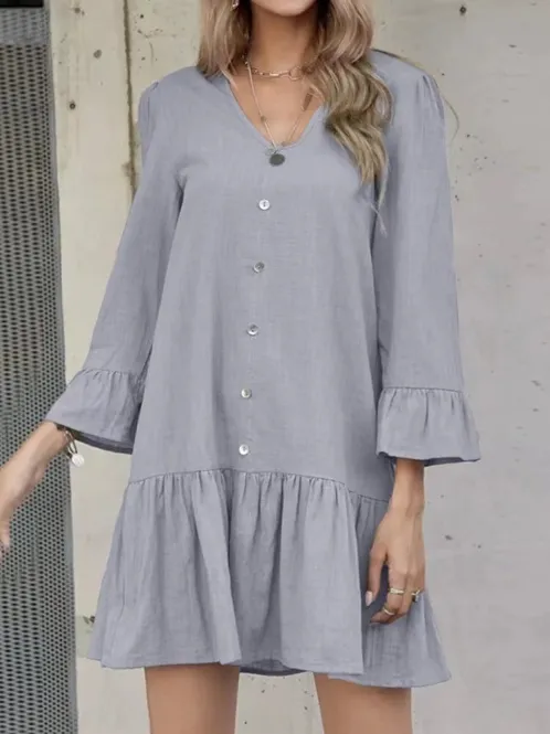 TastyHottie - V-neck button pleated flared sleeve cotton and linen dress