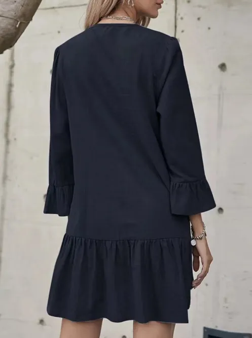 TastyHottie - V-neck button pleated flared sleeve cotton and linen dress