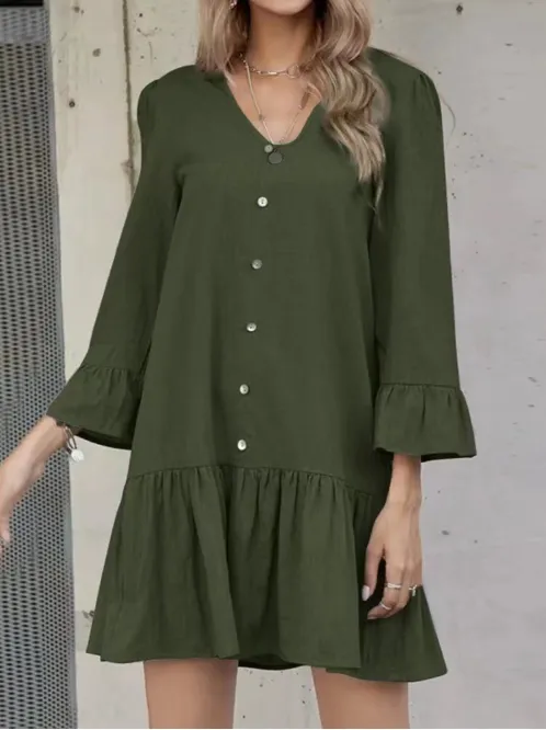 TastyHottie - V-neck button pleated flared sleeve cotton and linen dress