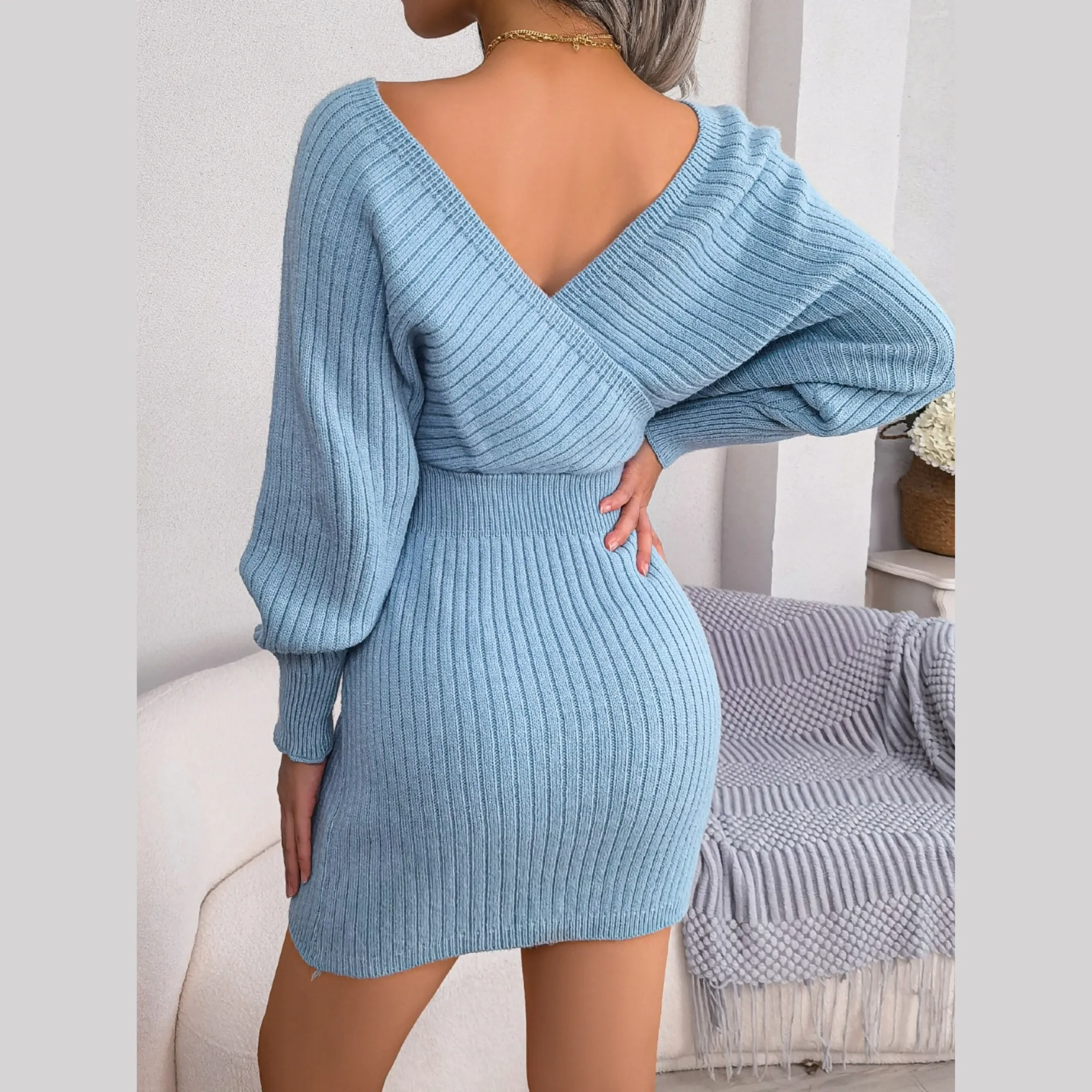 Tilly - Blue Batwing Sleeves Ribbed Sweater Dress