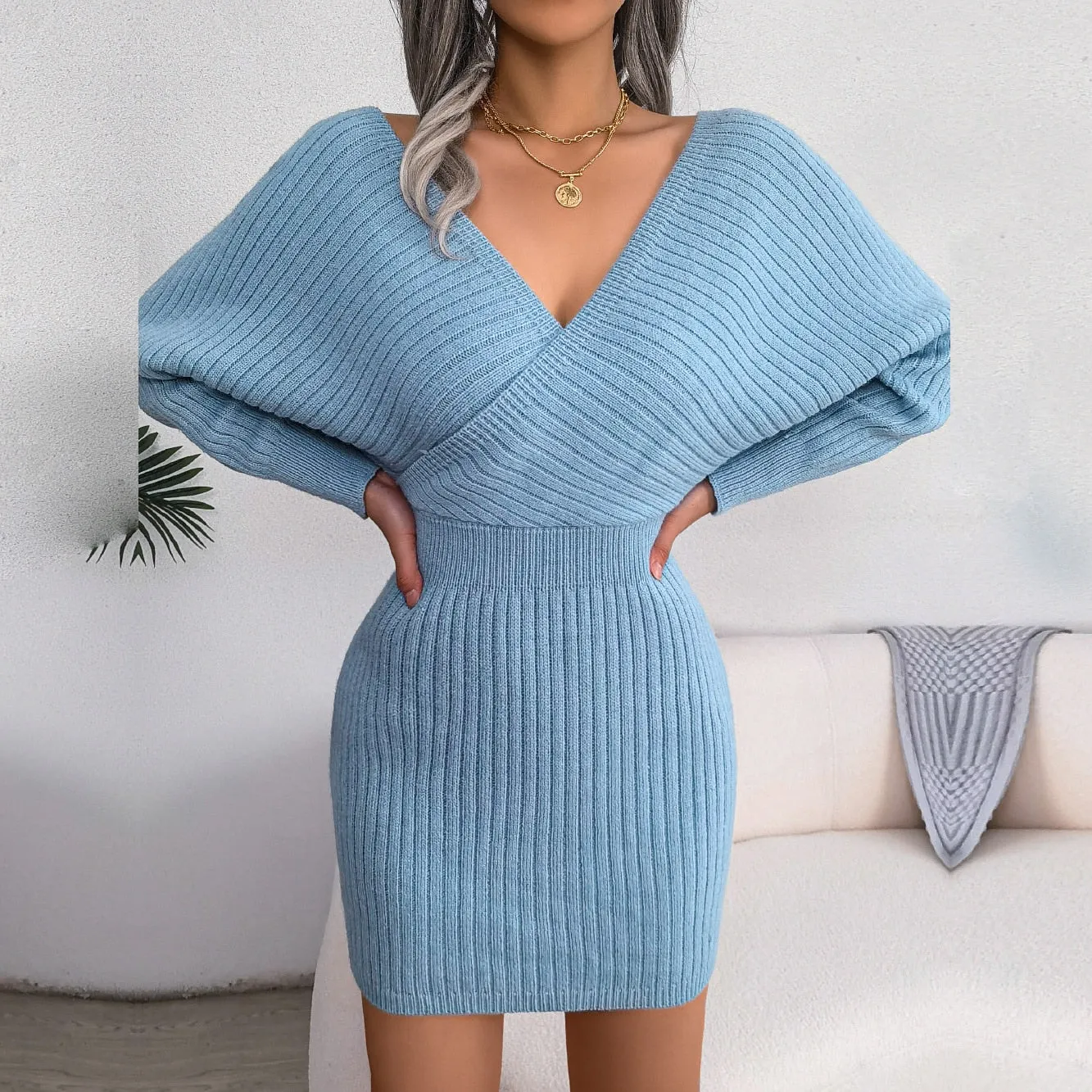 Tilly - Blue Batwing Sleeves Ribbed Sweater Dress