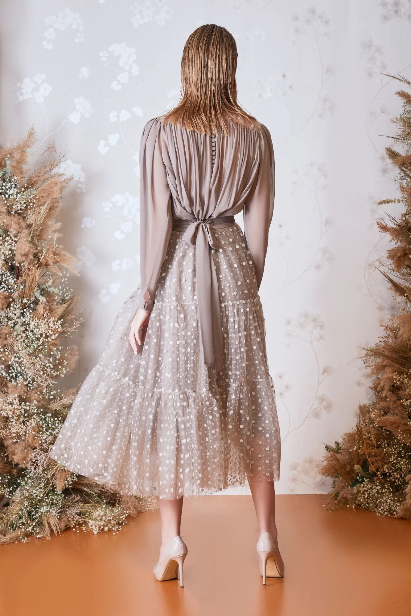 Tulle Pleated Top with Dotted A-line Midi Skirt