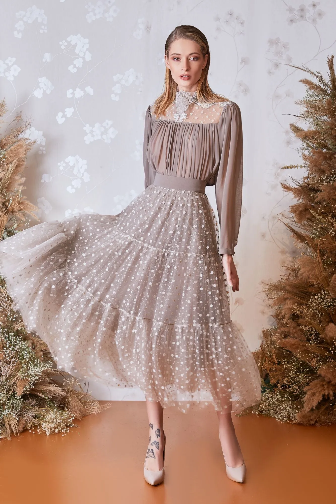 Tulle Pleated Top with Dotted A-line Midi Skirt