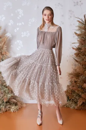 Tulle Pleated Top with Dotted A-line Midi Skirt