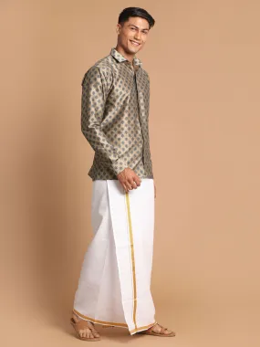 VASTRAMAY Men's Brown Silk Blend Printed Shirt And Mundu Set