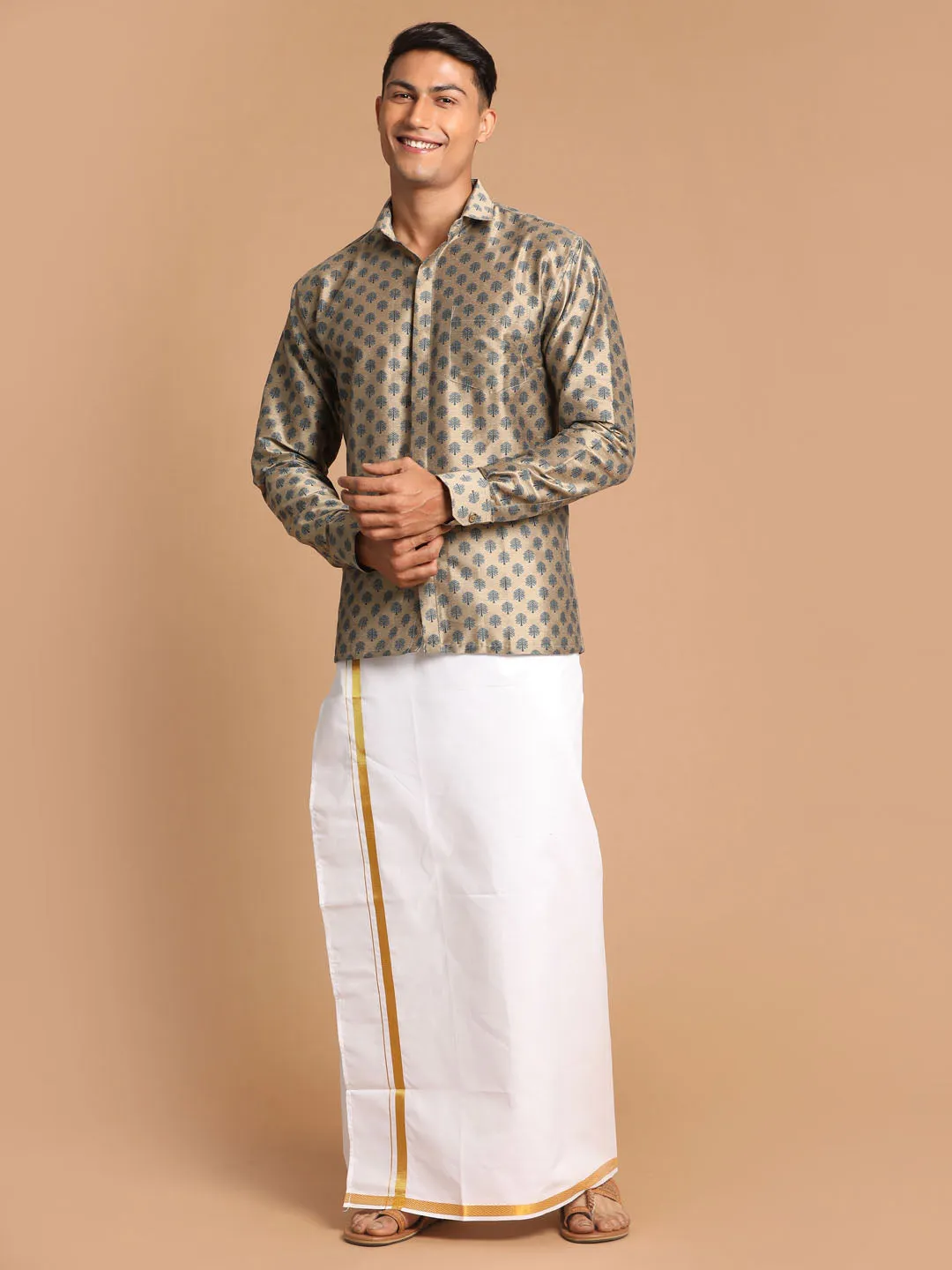 VASTRAMAY Men's Brown Silk Blend Printed Shirt And Mundu Set
