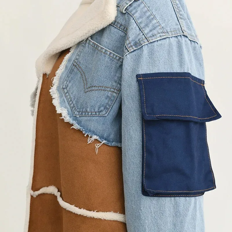 Velvet Denim Stitching Coat Padded Jacket