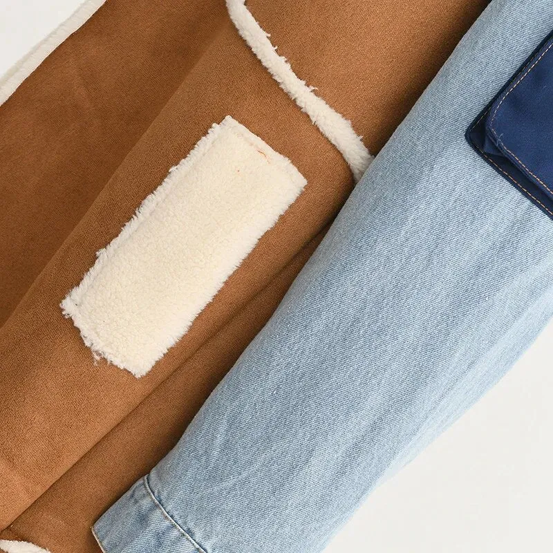 Velvet Denim Stitching Coat Padded Jacket