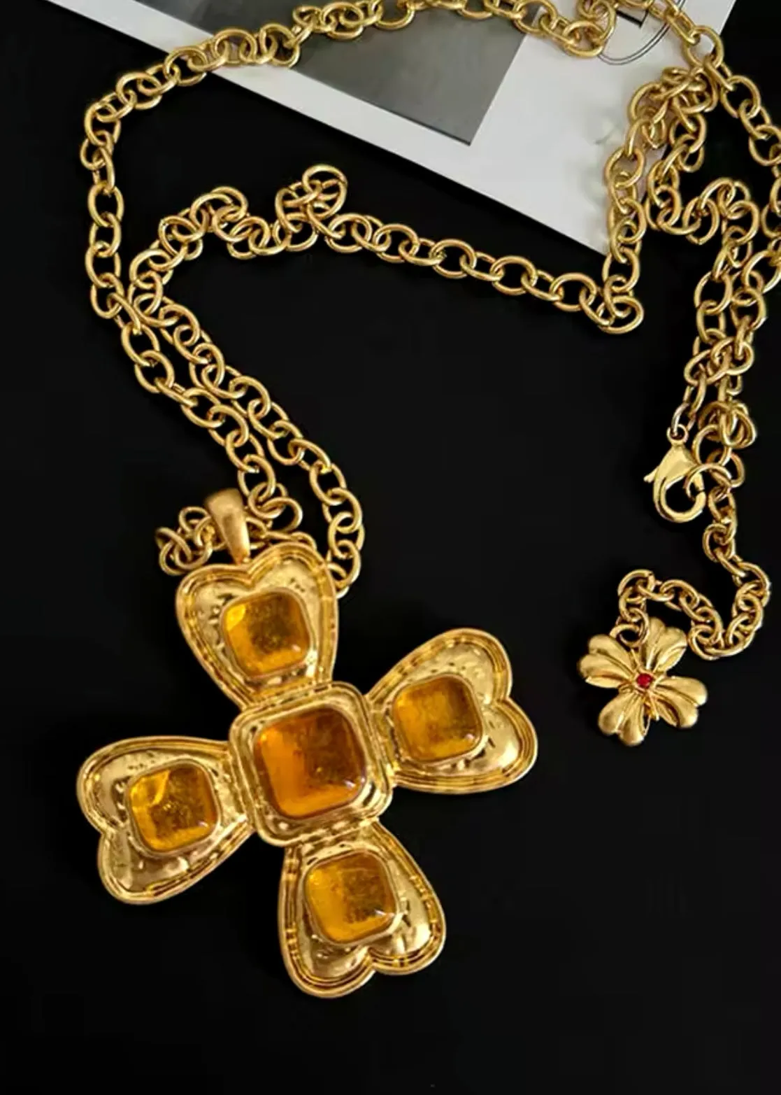Vintage Inspired Four Sided Gold Pendant Necklace