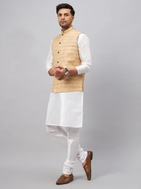 VM BY VASTRAMAY Men's Beige Matka Silk Nehru Jacket With White Silk Blend Kurta Pyjama Set