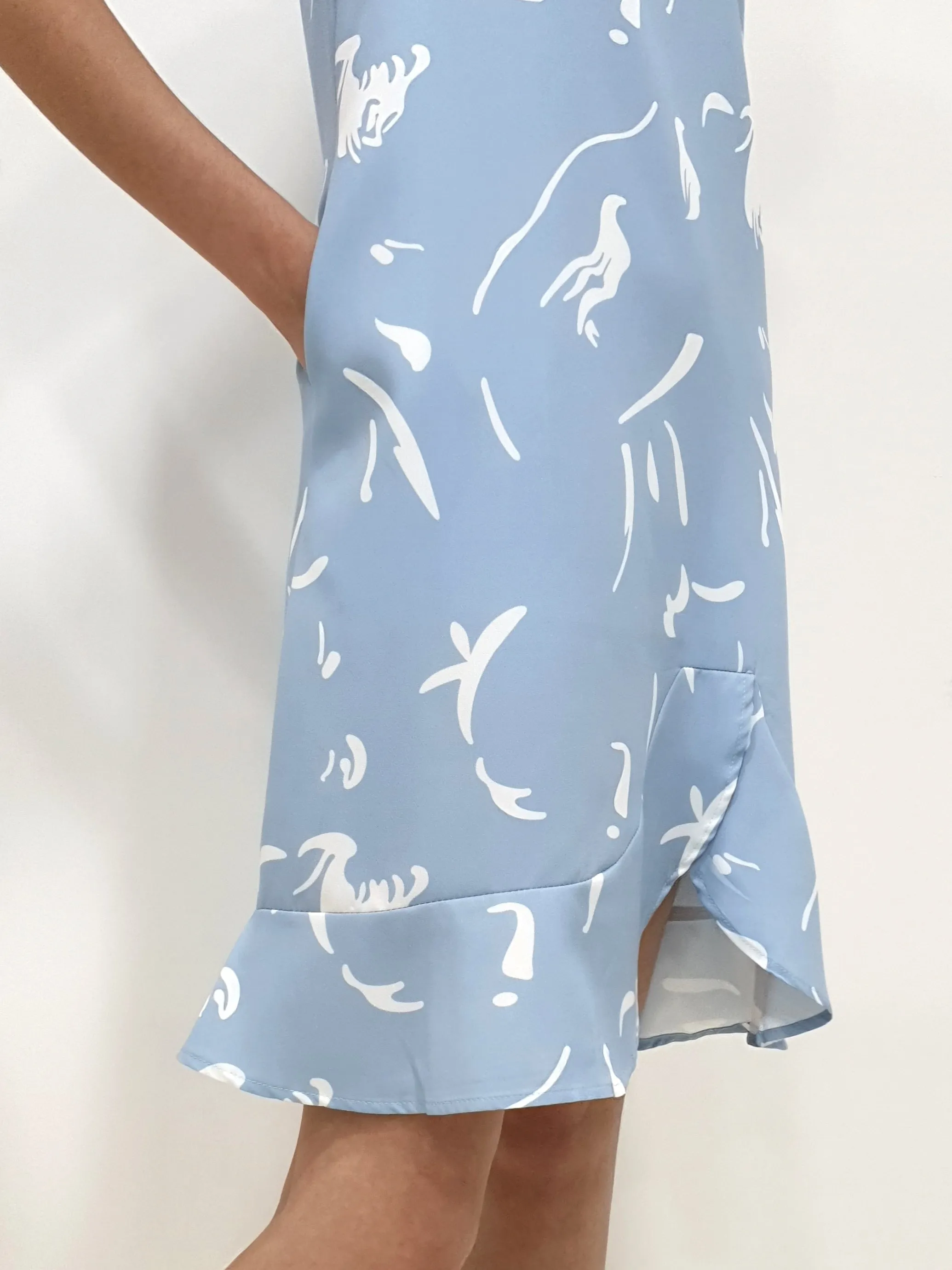 White Prints Peplum Dress - Blue
