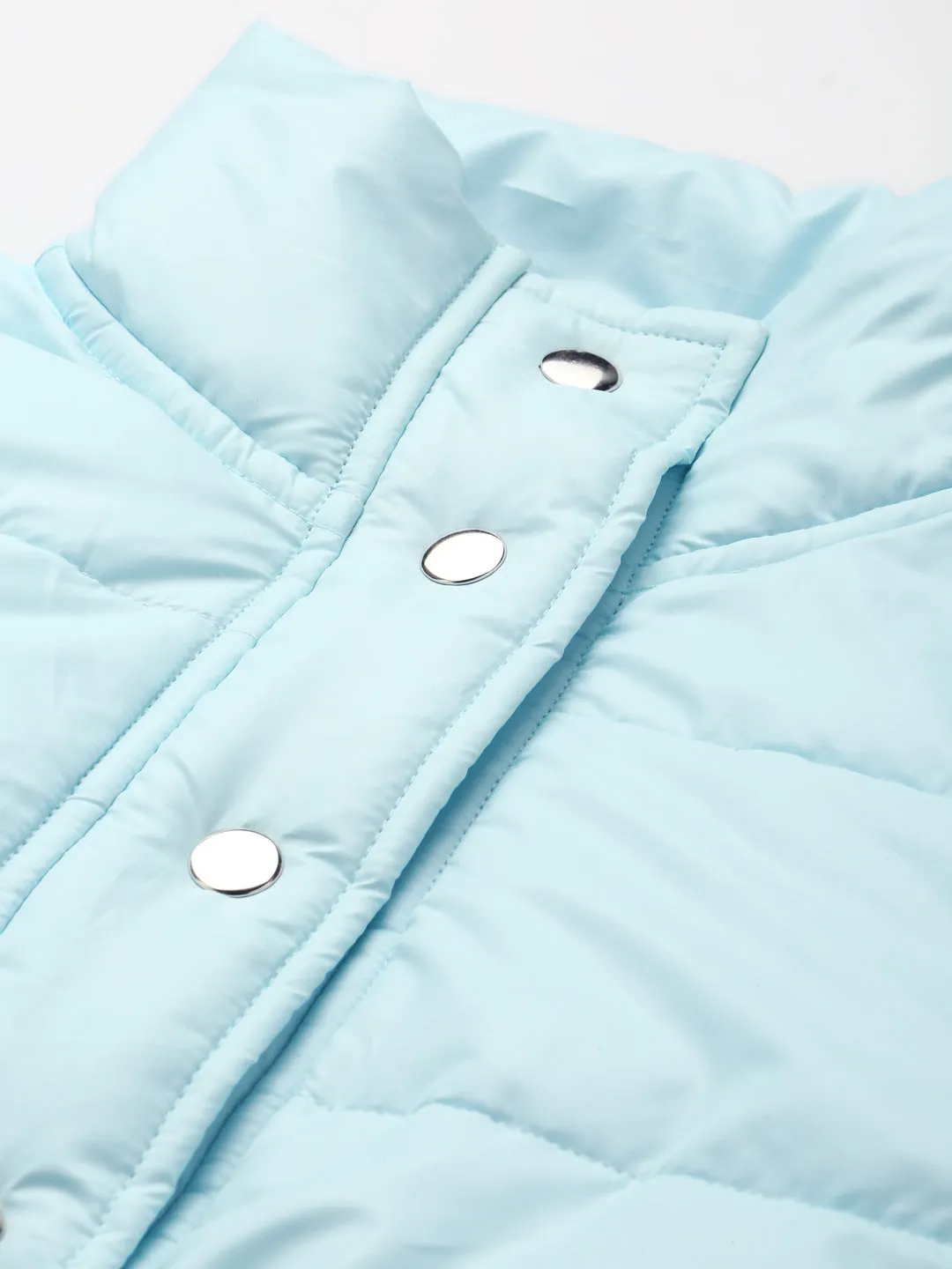 Women Blue Snap Button Puffer Bomber