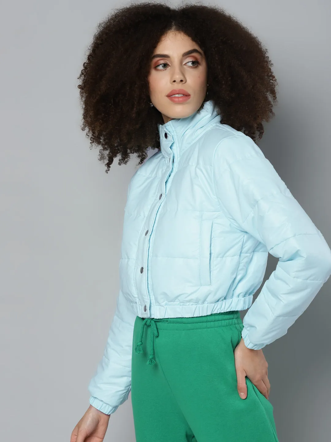 Women Blue Snap Button Puffer Bomber