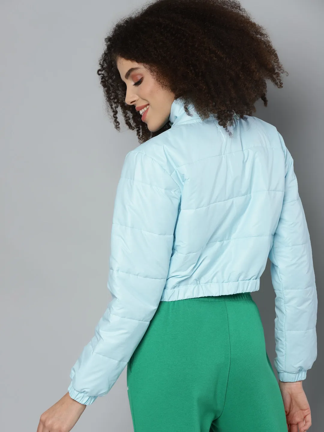 Women Blue Snap Button Puffer Bomber