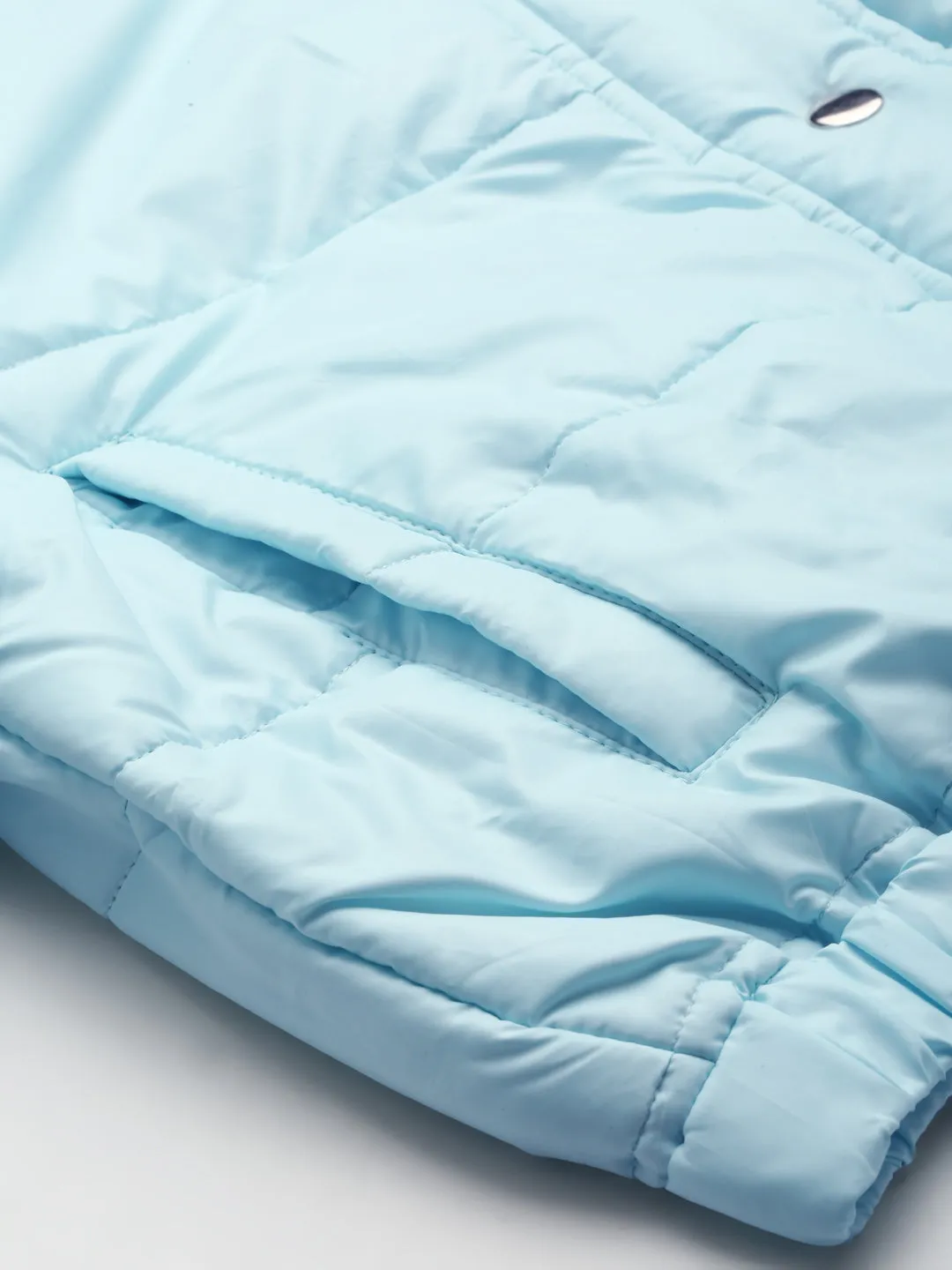 Women Blue Snap Button Puffer Bomber