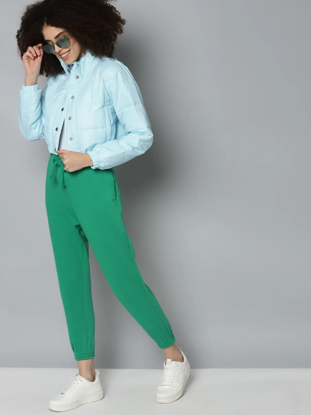 Women Blue Snap Button Puffer Bomber