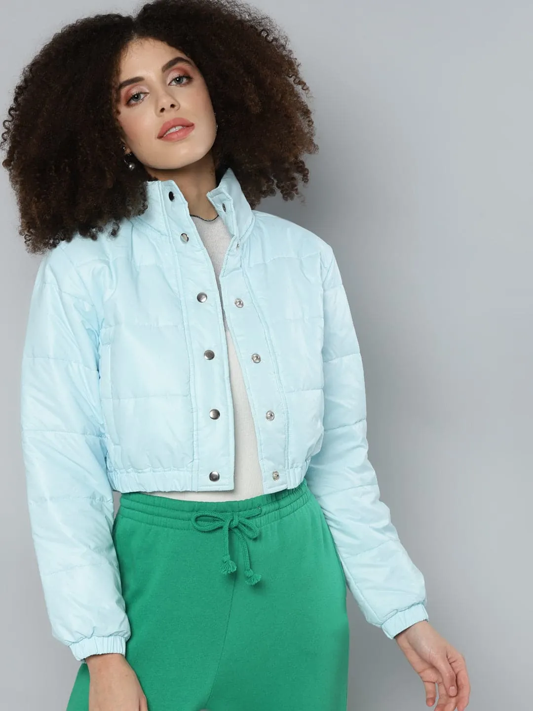 Women Blue Snap Button Puffer Bomber