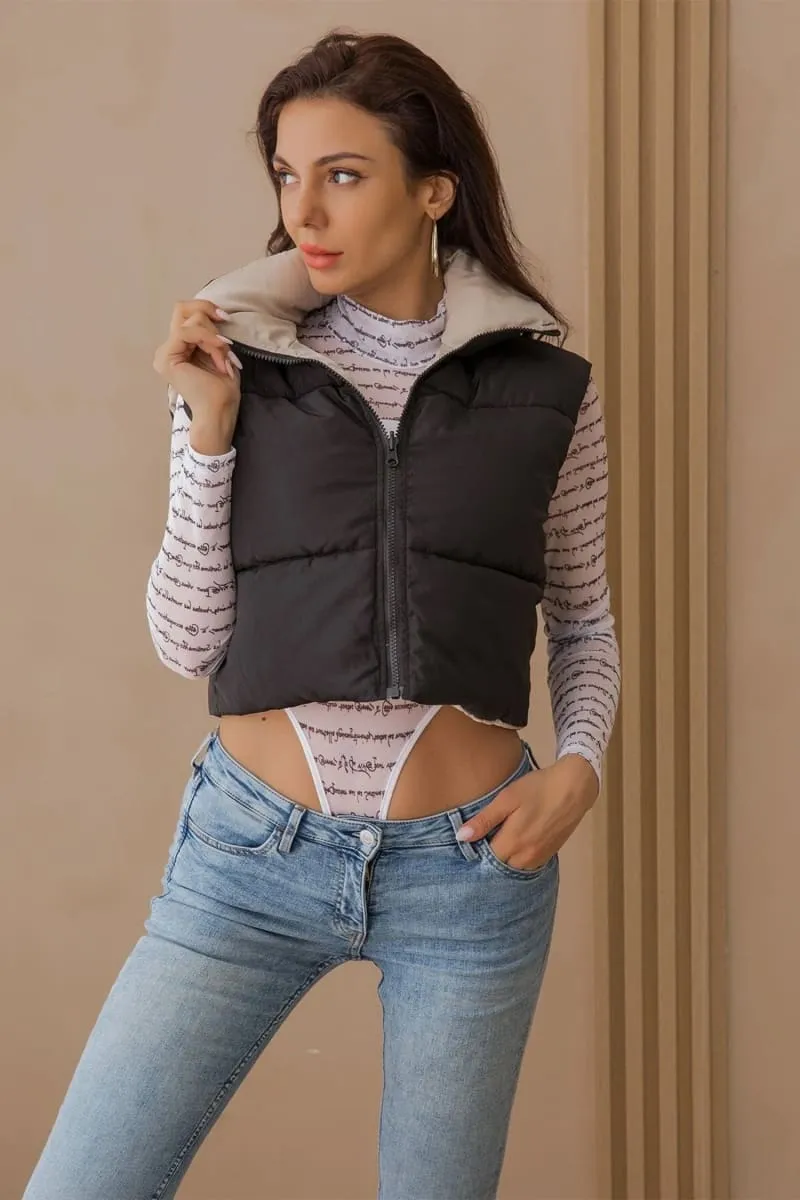 Women's Black Reversible Cropped Puffer Vest