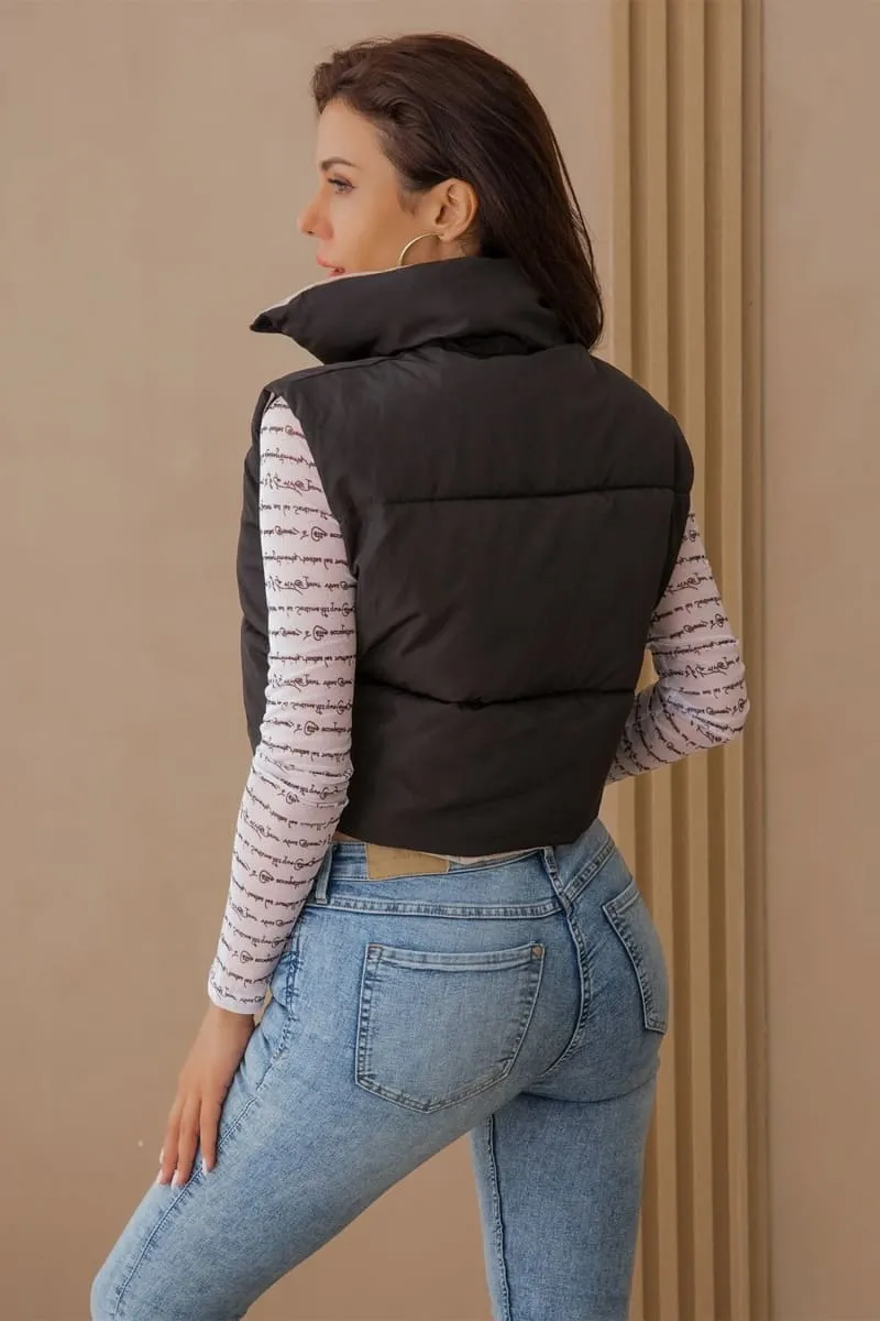 Women's Black Reversible Cropped Puffer Vest